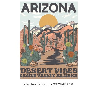 Cactus flower artwork. Desert retro vector print design for t shirt and others. Arizona desert cactus graphic print design for apparel, stickers, posters and background.