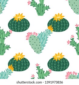 Cactus flower. Bright cacti, aloe leaves, exotic cactuses plants succulent summer desert tropical flora cartoon, seamless pattern, botanical vector collection