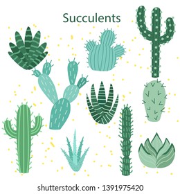 Cactus flower. Bright cacti, aloe leaves, exotic cactuses plants succulent summer desert tropical flora cartoon, botanical vector collection