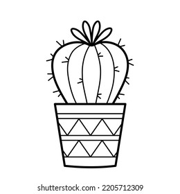 Cactus with flower. Decorative houseplant in pot. Hand drawn icon of prickly plant in sketch doodle style. Isolated vector illustration.