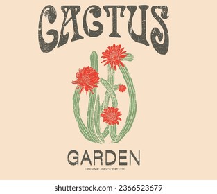 Cactus flower garden graphic print for apparel, t shirt, sticker, poster, wallpaper and others. Desert cactus artwork. Wall desertion art.