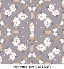 Cactus flower geometric bloom seamless pattern. Pretty fashion print vector illustration. Repeatable blossom wallpaper. Hand drawn modern floral allover home decor background. Pink, grey, yellow white