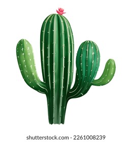 Cactus with Flower Isolated Detailed Hand Drawn Painting Illustration