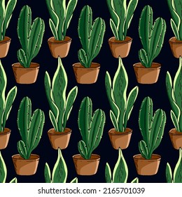 Cactus Flower On Jar Pot seamless pattern. Modern exotic design for textile, paper, cover, fabric, interior decoration and other media or template.