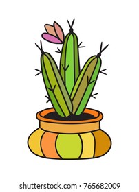 Cactus with flower in pot. Colored funny cute cactus with black contour. Mexican plant. Design element for banner, postcard, greeting card, t-shirt. Vector illustration.