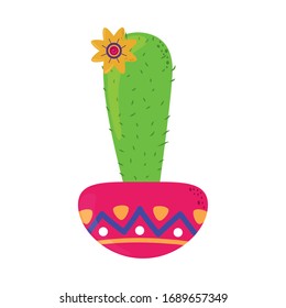 Cactus and flower in pot decoration.  Cinco de Mayo mexican celebration vector illustration, flat style icon.