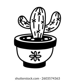 A cactus in a flower pot. Illustration of a flat monochrome drawing. A separate subject of botany at home. It is ideal for use in projects related to ecology, gardening and interior decoration.