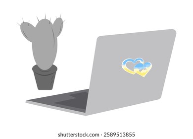 Cactus in flower pot and Laptop with heart shape sticker of Ukrainian flag color Decorative elements
