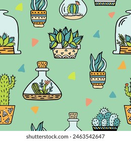 Cactus in a flower pot on green background. Cactus seamless pattern. Trendy boho background. Cacti fabric print design. Succulent background. Seamless pattern with lovely cacti and triangles in vector