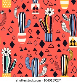 Cactus in a flower pot on red background. Seamless pattern with lovely cacti and triangles in vector. 
