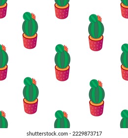 Cactus with flower in pot seamless pattern. Vector Illustration for printing, backgrounds, covers and packaging. Image can be used for greeting card, sticker and textile. Isolated on white background.