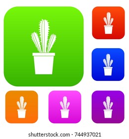 Cactus in flower pot set icon color in flat style isolated on white. Collection sings vector illustration