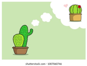 Cactus in flower pot with single lady cactus in cloud wording look like lovers are thinking in cartoon vector design and on light green background.