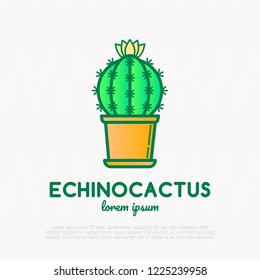 Cactus with flower in pot thin line icon. Modern vector illustration of home plant.