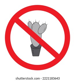 Cactus in a flower pot under a prohibition sign in gray tints. Sticker. Icon. Isolate.