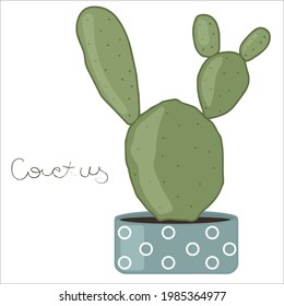 Cactus en una maceta de flores. Imagen vectorial aislada con inscripción en fondo blanco