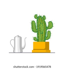Cactus in flower pot with a watering can on white background vector illustration.