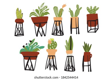 Cactus in flower pots. Flat illustration style. Sticker pack