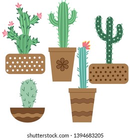 Cactus flower in pots for flowers and plants. Bright cacti, aloe leaves, exotic cacti plants juicy summer desert tropical flora cartoon, Botanical vector collection