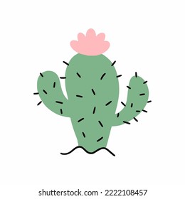 Kakteen mit Blume. Pricklige Pflanze. Vektordoodle-Illustration. Aufkleber.