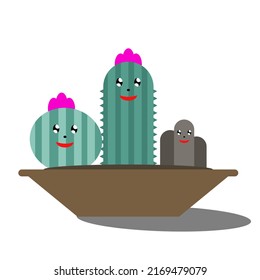 cactus flower and rock character smile vector illustration