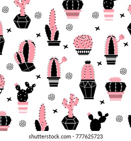 Cactus flower set. Pattern with cactus. Vector illustrations. Pink cactus collection