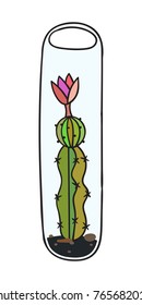 Cactus with flower in terrarium. Colored funny cute cactus with black contour. Mexican plant. Design element for banner, postcard, greeting card, t-shirt. Vector illustration.
