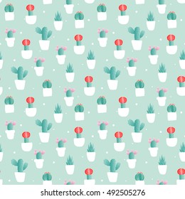 Cactus flower vases seamless pattern
