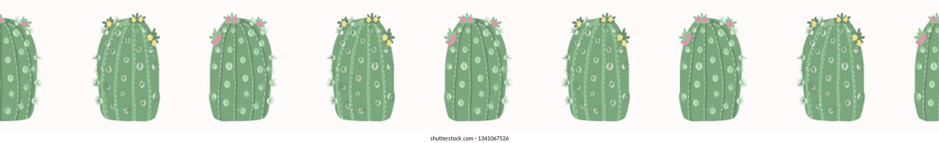 Cactus flowering bloom seamless border pattern. Indoor succulent houseplant flower vector illustration. Repeatable tile graphic design banner .Hand drawn. desert cacti garden plant decor washi tape. 