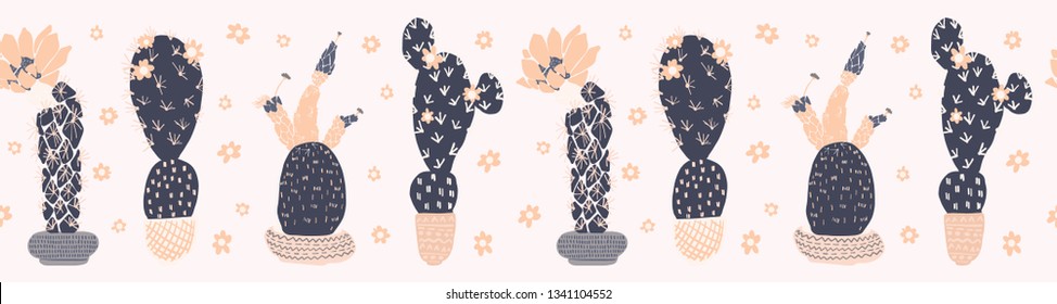 Cactus flowering bloom seamless border pattern. Indoor succulent houseplant flower vector illustration. Repeatable trim graphic design. Hand drawn pretty desert cacti. Garden plant boho decor edging.