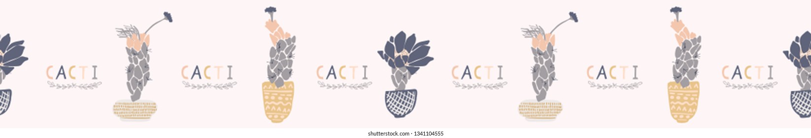 Cactus flowering bloom seamless border pattern. Indoor succulent houseplant flower vector illustration. Repeatable trim graphic design. Hand drawn pretty desert cacti. Garden plant boho decor edging.