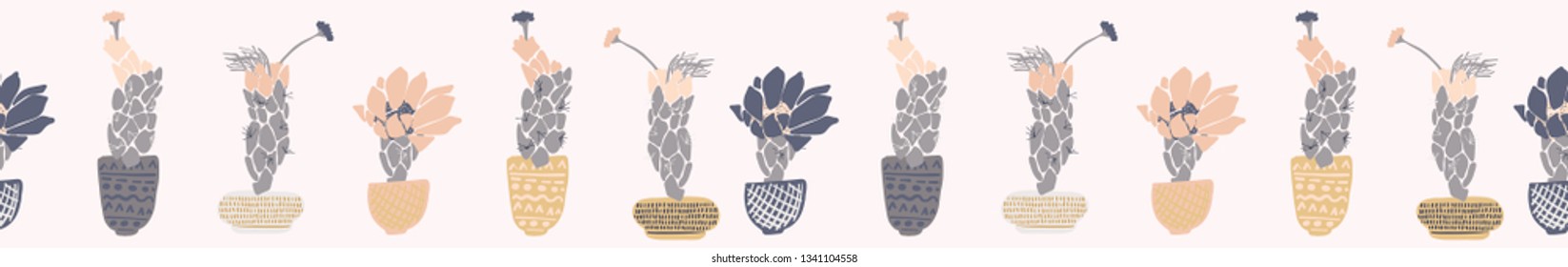 Cactus flowering bloom seamless border pattern. Indoor succulent houseplant flower vector illustration. Repeatable trim graphic design. Hand drawn pretty desert cacti. Garden plant boho decor edging.