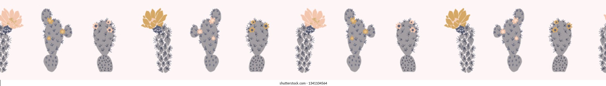 Cactus flowering bloom seamless border pattern. Indoor succulent houseplant flower vector illustration. Repeatable flat banner trim design. Hand drawn pretty desert cacti flower garden plant decor .