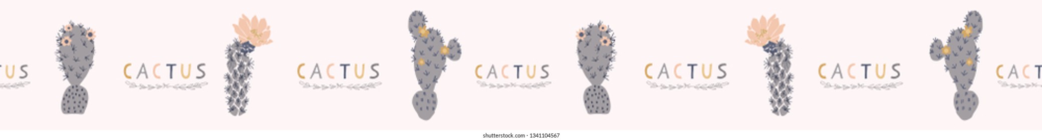 Cactus flowering bloom seamless border pattern. Indoor succulent houseplant flower vector illustration. Repeatable trim graphic design. Hand drawn pretty desert cacti. Garden plant boho decor edging.