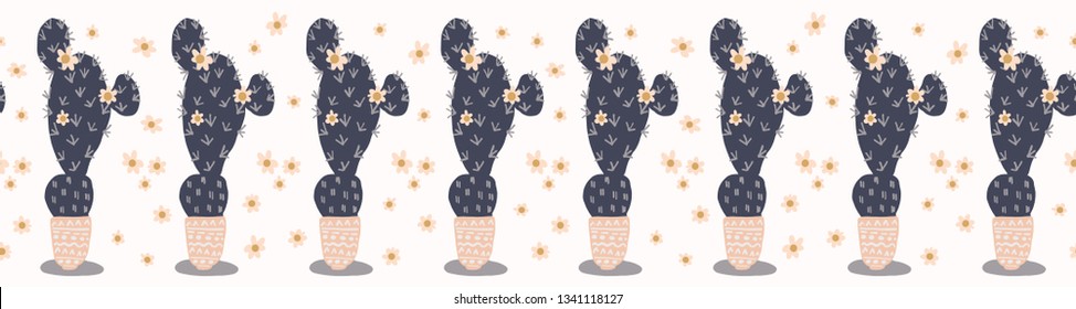 Cactus flowering bloom seamless border pattern. Indoor succulent houseplant flower vector illustration. Repeatable trim graphic design. Hand drawn pretty desert cacti. Garden plant boho decor edging.