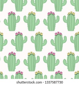Cactus flowering bloom seamless pattern. Indoor succulent houseplant flower vector illustration. Repeatable tile graphic design wallpaper. Hand drawn green desert cacti garden plant decor background. 