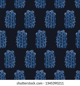 Cactus flowering bloom seamless pattern. Indoor succulent houseplant flower vector illustration. Repeatable tile graphic design wallpaper. Hand drawn indigo blue. Desert cacti plant decor background.