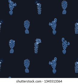 Cactus flowering bloom seamless pattern. Indoor succulent houseplant flower vector illustration. Repeatable tile graphic design wallpaper. Hand drawn indigo blue. Desert cacti plant decor background.