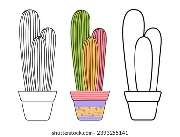 Cactus in flowerpot doodle cartoon set. Western home plants mexican desert contour and sketch cacti. Hand drawn textured succulent collection isolated. Potted linear houseplants vector illustration