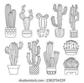 Cactus in flowerpot doodle set. Hand drawn exotic trendy house plants with pot collection isolated. Various linear cartoon mexican cacti home plants. Urban jungle decor contour or tattoo vector