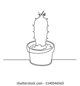 A cactus in a flowerpot is drawn by a single line on a white background. Continuous line drawing. Vector illustration