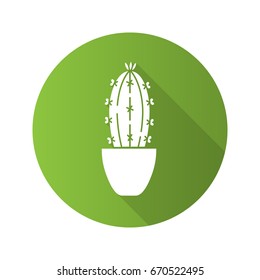 Cactus in flowerpot flat design long shadow glyph icon. Succulent. Vector silhouette illustration