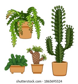 Cactus in flowerpot. Hand drawn set collection. vector illustration.