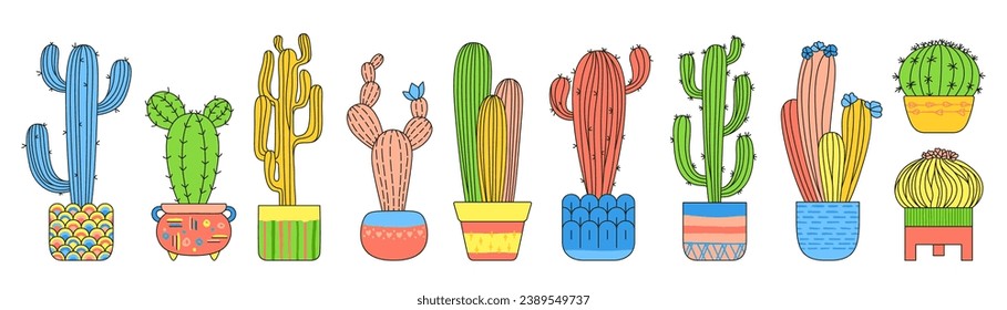 Cactus in flowerpot linear cartoon set. Hand drawn exotic trendy house plants with pot collection isolated. Various mexican cacti home plants. Urban jungle decor doodle kawaii vector illustration