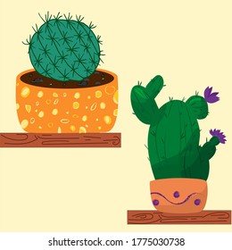 Cactus in a flowerpot on a shelf. Background. Vector illustration