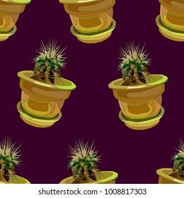 cactus in the flowerpot. realistic seamless pattern on a purple background