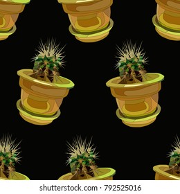 cactus in the flowerpot. realistic seamless pattern on a black background