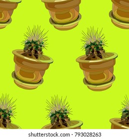 cactus in the flowerpot. realistic seamless pattern on a yellow background