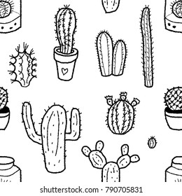 Cactus flowerpot seamless pattern - doodle texture illustration vector.