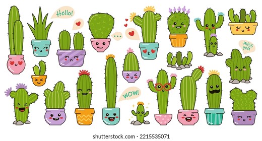 Cactus in flowerpot. Set of cartoon cactus with flowers and funny faces. Cute succulent kawaii character. Collection of exotic plants isolated on white background. Vector illustration